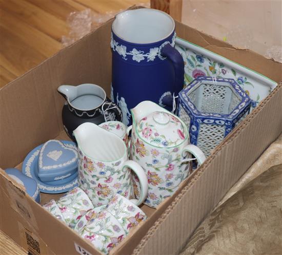 A Minton Haddon Hall part coffee service, a blue and white reticulated vase and five items of Wedgwood jasperware